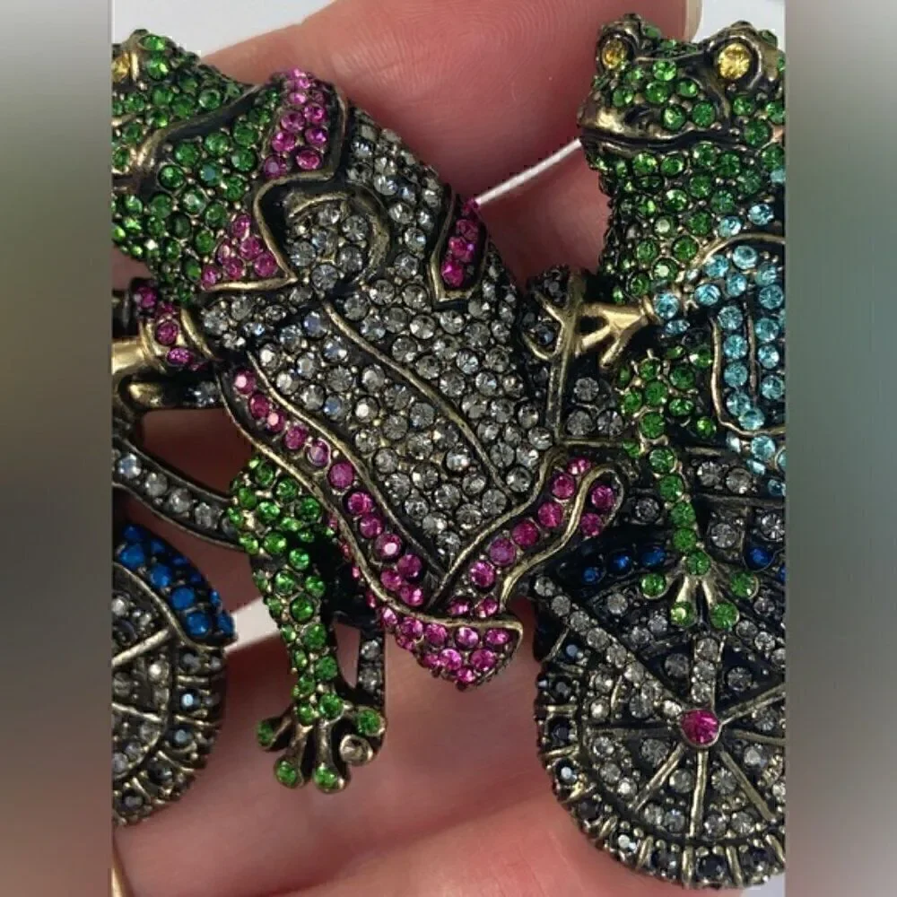 Brooch, frogs on bicycle, Swarovski Crystals Rhinestone